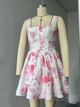 RETALE PINK FLORAL FLARED MINI DRESS