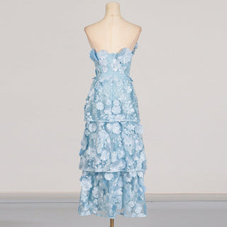 Selene 3D flower Tiered Maxi Dress In Blue