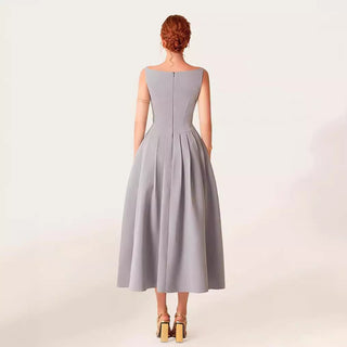 sleeveless pleated slit midi dress in gray