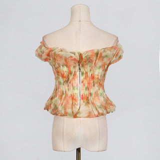 print ruffle trim top in yellow