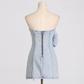 ALISON BLUE RUFFLED TRIM STRAPLESS DENIM MINI DRESS