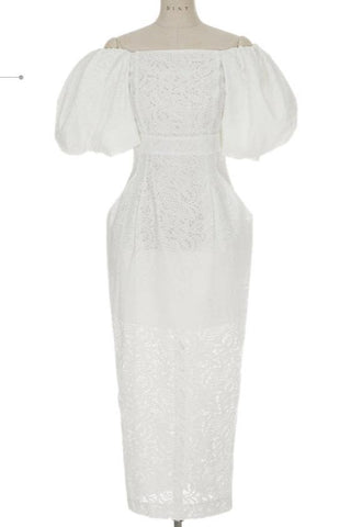 NATALIE PUFF SLEEVE OFF SHOULDER WHITE LACE MIDI DRESS