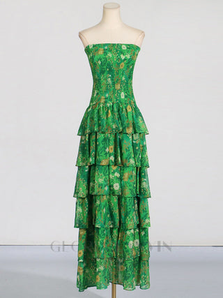 STRAPLESS LAYERED BANDEAU FLORAL PRINT MAXI DRESS IN GREEN