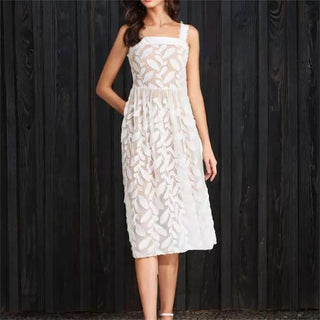 Fae A-line Square Neck Lace Midi Dress in cream white