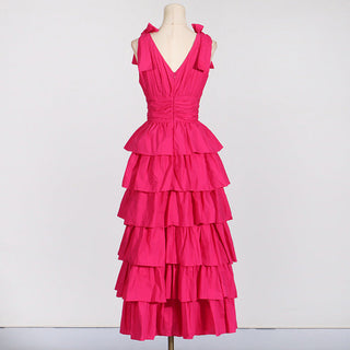 PLUNGE V RUFFLE TIERED SLIT GOWN IN PINK