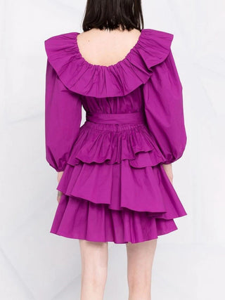 PUFF SLEEVE RUFFLE LAYER MINI DRESS IN PURPLE