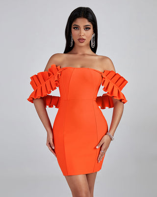 OFF SHOULDER MINI BANDAGE DRESS IN ORANGE