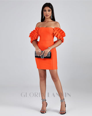 OFF SHOULDER MINI BANDAGE DRESS IN ORANGE