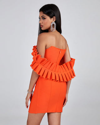 OFF SHOULDER MINI BANDAGE DRESS IN ORANGE