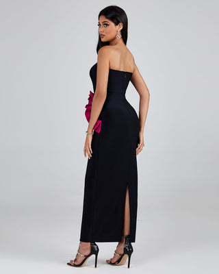 PLEATED ORNAMENTED BANDAGE MAXI DRESS IN BLACK