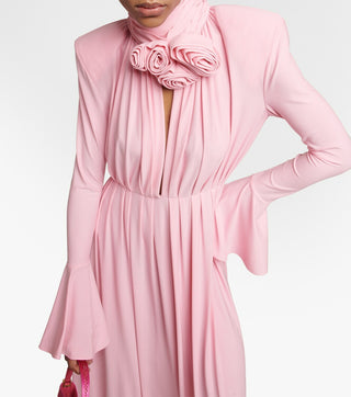 ERIN LANTERN SLEEVE HIGH COLLAR FLOWER SLIT MIDI DRESS IN PINK