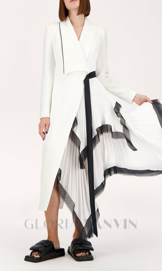 Asymmetric pleated ruffle trim blazer dress in white