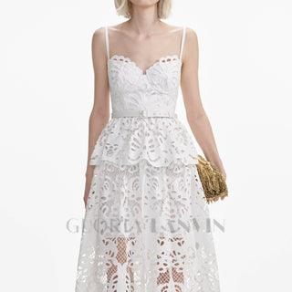 EVELYN CUT OUT LACE LAYERING MIDI DRESS IN WHITE