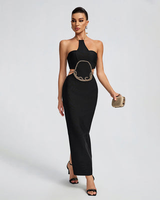 GOLD CHAIN WAIST CUTOUT BANDAGE DRESS