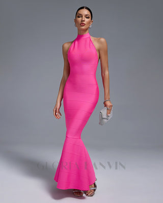 HALTER MAXI BANDAGE FISHTAIL DRESS IN PINK