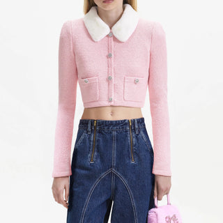 PINK FAUX FUR COLLAR CARDIGAN