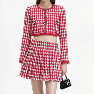 RED CHECK BOUCLE PLEATED MINI SKIRT