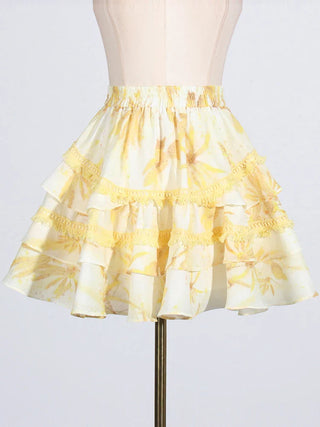 MABEL LAYER TRIM PRINT LANTERN SLEEVE MINI DRESS IN YELLOW