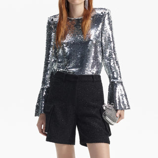 SILVER SEQUIN FLARED SLEEVE TOP