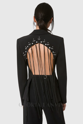 Vienna Hollow Fringe Backless Blazer in black