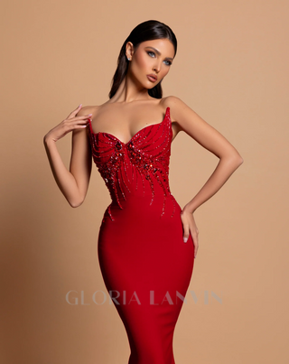 bow embellished strapless maxi dress in red