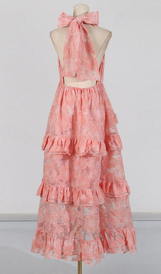 halter flower rruffle maxi dress in pink