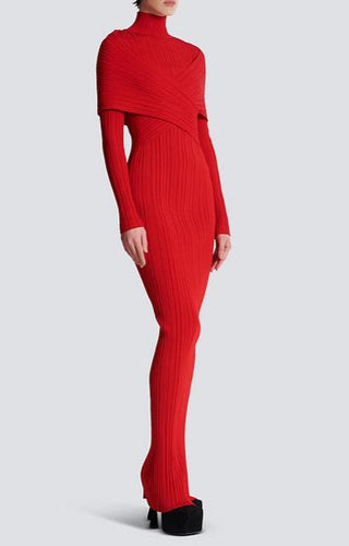 long sleeve pleated knit maxi dress in red