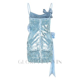 ELVIRA SEQUIN BOW SLEEVELESS MINI DRESS IN BLUE