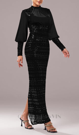 sequin long sleeve maxi dress in black