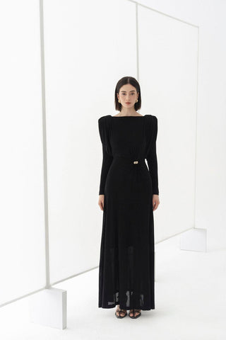 black straight boat neck knitted fabric maxi dress