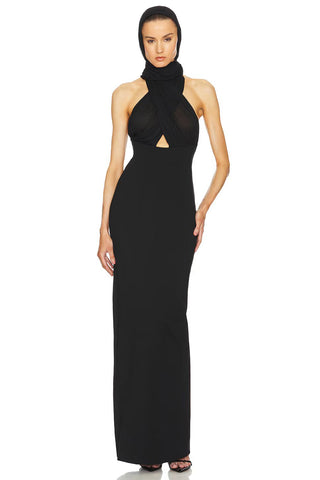 MERRY BLACK SHEER MESH UPPER PONTE LOWER MAXI DRESS