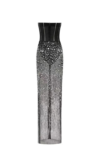 HAZEL CRYSTAL-COVERED STRAPLESS BLACK MAXI DRESS