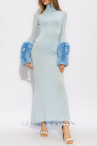 MICHELLE RUFFLED TURTLENECK MAXI DRESS IN PALE BLUE