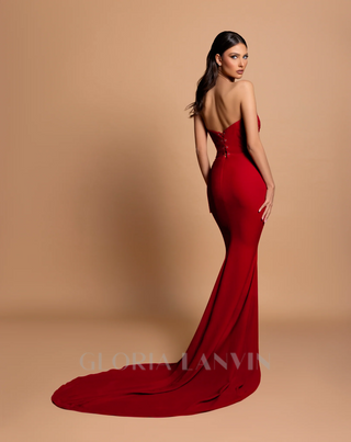 bow embellished strapless maxi dress in red