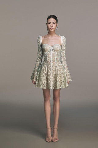 TERESA TRUMPET SLEEVE LACE EMBROIDERY MINI DRESS IN GREEN