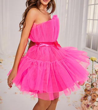 LAYERED STRAPLESS MINI DRESS IN HOT PINK