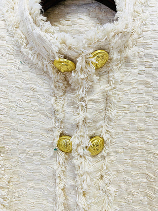 LION BUTTON FRINGED TWEED STAND COLLAR JACKET