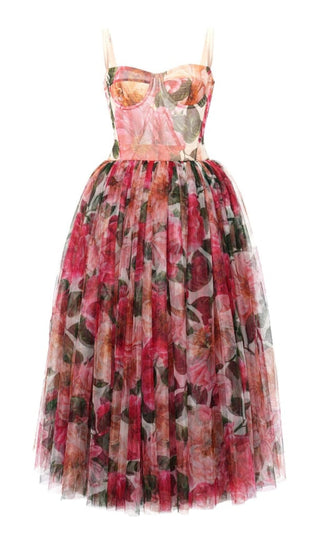 FLORAL-PRINT CORSET MIDI DRESS IN PINK DRESS STYLE OF CB 