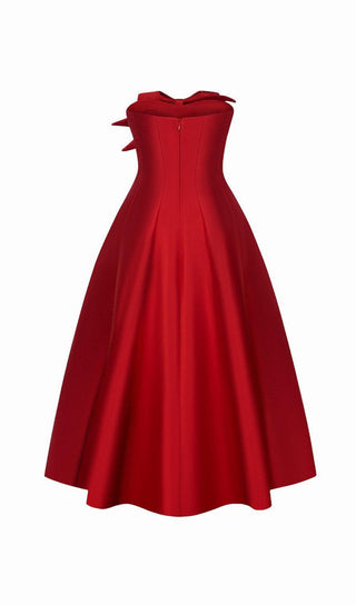 RED FLARED SEMI-HEART NECK TAFFETA MIDI DRESS