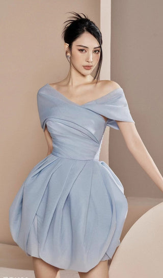 ONE SHOULDER RUCHED MINI DRESS IN GRAYISH-BLUE DRESS STYLE OF CB 