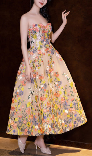 STRAPLESS TEA LENGTH FLORAL MIDI DRESS