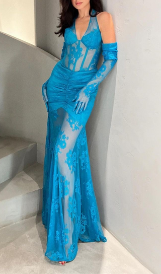 HALTER BUSTIER LACE MERMAID MAXI DRESS IN BLUE