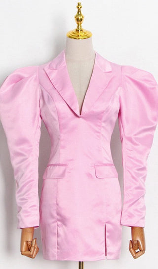 V-NECK ONE BUTTON LONGS SLEEVE MINI SUIT DRESS IN PINK styleofcb 