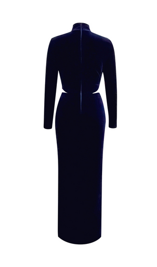 DARK BLUE HALF-HIGH COLLAR LONG-SLEEVED HOLLOW TIGHT SLIT MAXI DRESS