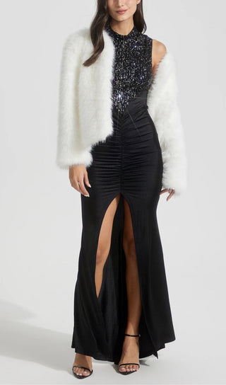 SEQUIN GATHERED BODYCON MAXI DRESS IN BLACK