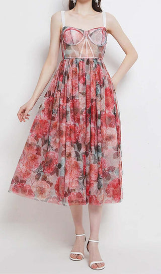 FLORAL-PRINT CORSET MIDI DRESS IN PINK DRESS STYLE OF CB 