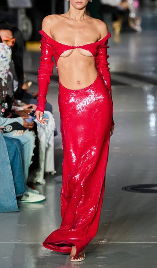 SEQUIN-EMBROIDERED CUT-OUT MAXI DRESS IN RED