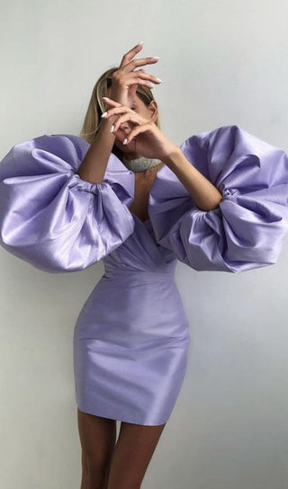 SATIN PUFF SLEEVE MINI DRESS IN LIGHT PURPLE styleofcb 