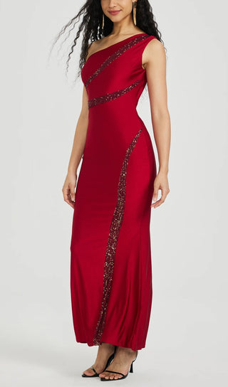 SEQUINNED FISHTAIL MIDI DRESS IN RED