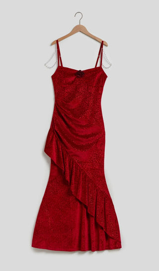 RUFFLED BODYCON SUSPENDER MAXI DRESS IN RED